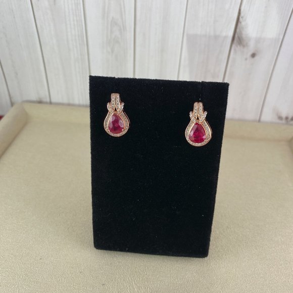 Extra Nice Pear Cut 9x7mm Red Ruby and small CZ Stud Earrings - Picture 3 of 5